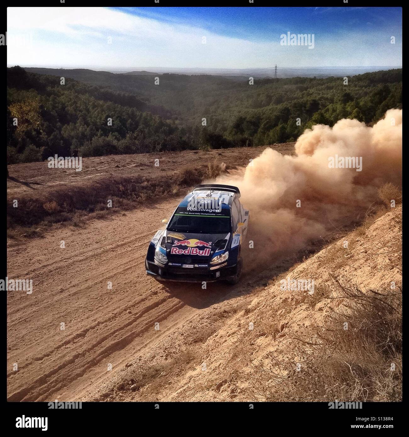 2015 WRC Rally RACC-Rally de España SS9 Terra Alta 2 [La Fatarella] Sébastien Ogier/Julien Ingrassia - Volkswagen Polo R WRC rally car, Catalonia, Spain. - Smartphone Captured Stock Image