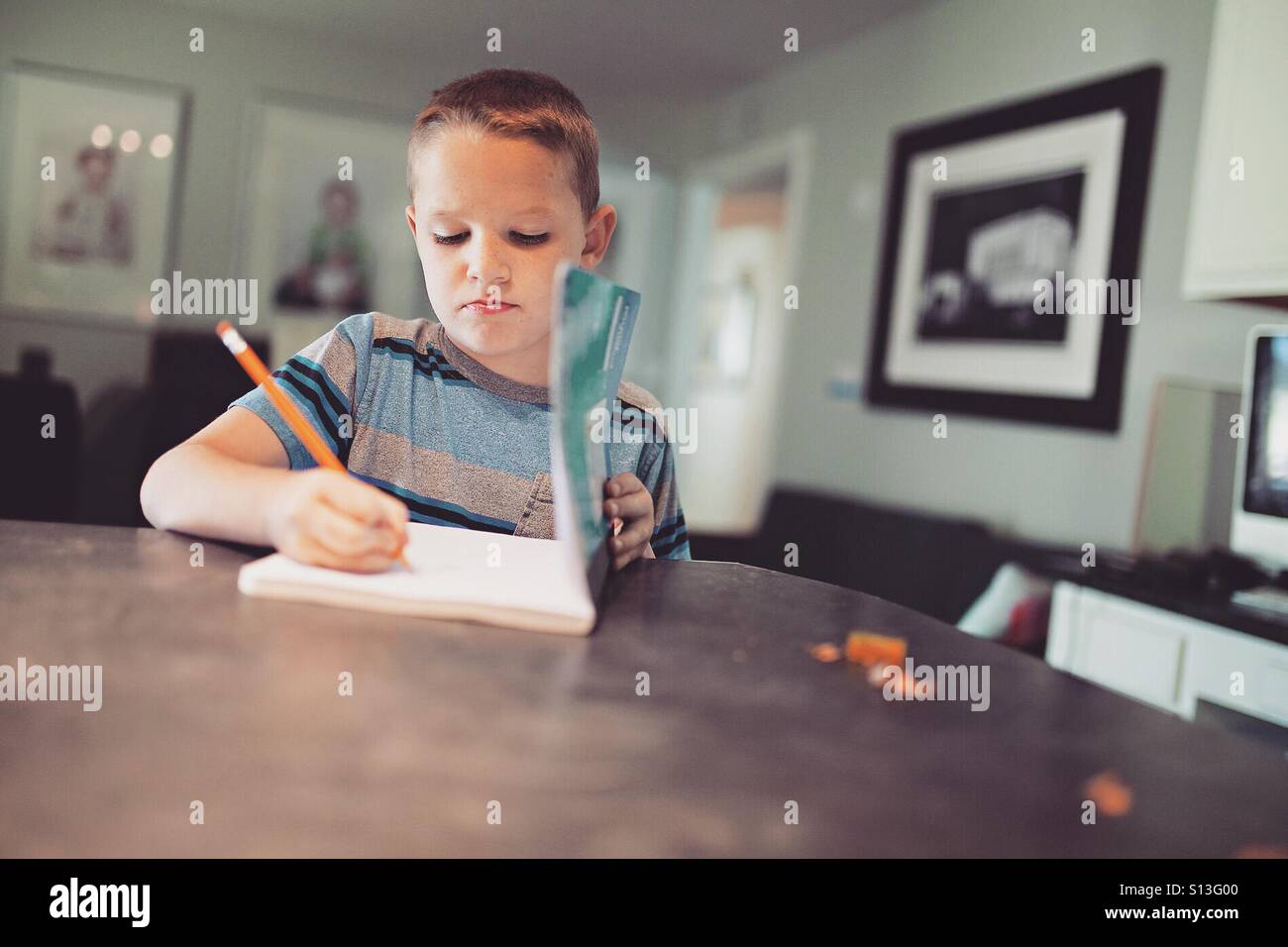 Boy writing in a notebook in the kitchen Stock Photo