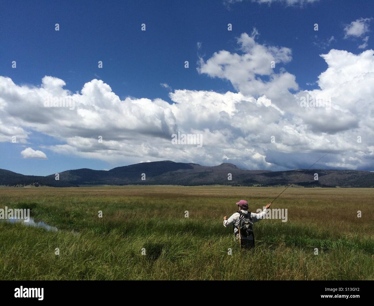 A fly fisherman casts upon a high mountain meadow stream. Stock Photo