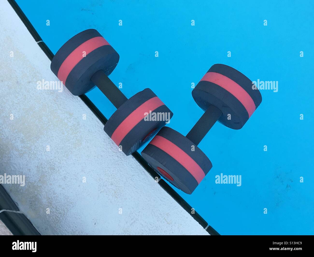Water aerobics barbells floating in a swimming pool Stock Photo Alamy