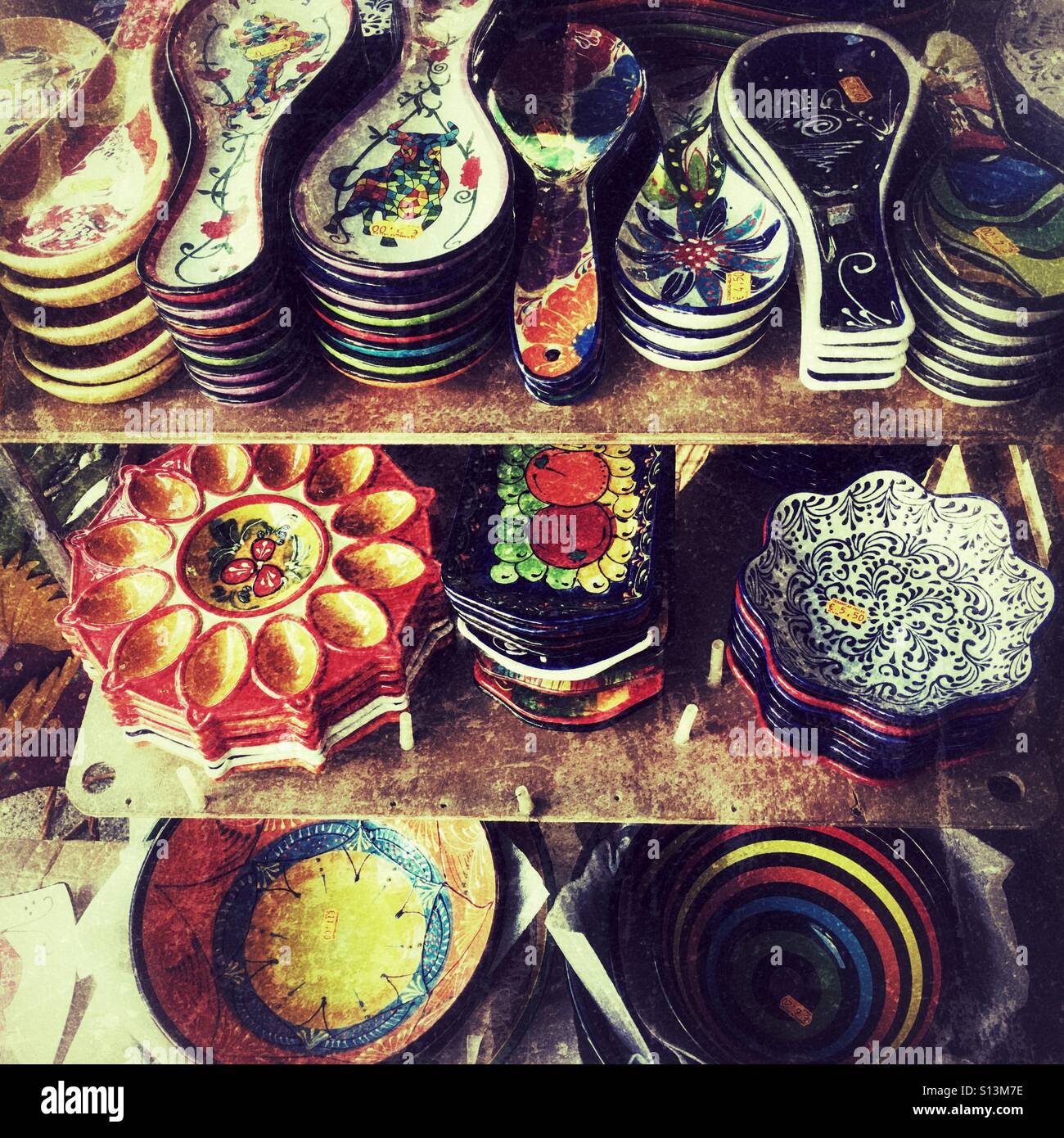 Pottery display on a Spanish market stall. - Smartphone Captured Stock Image