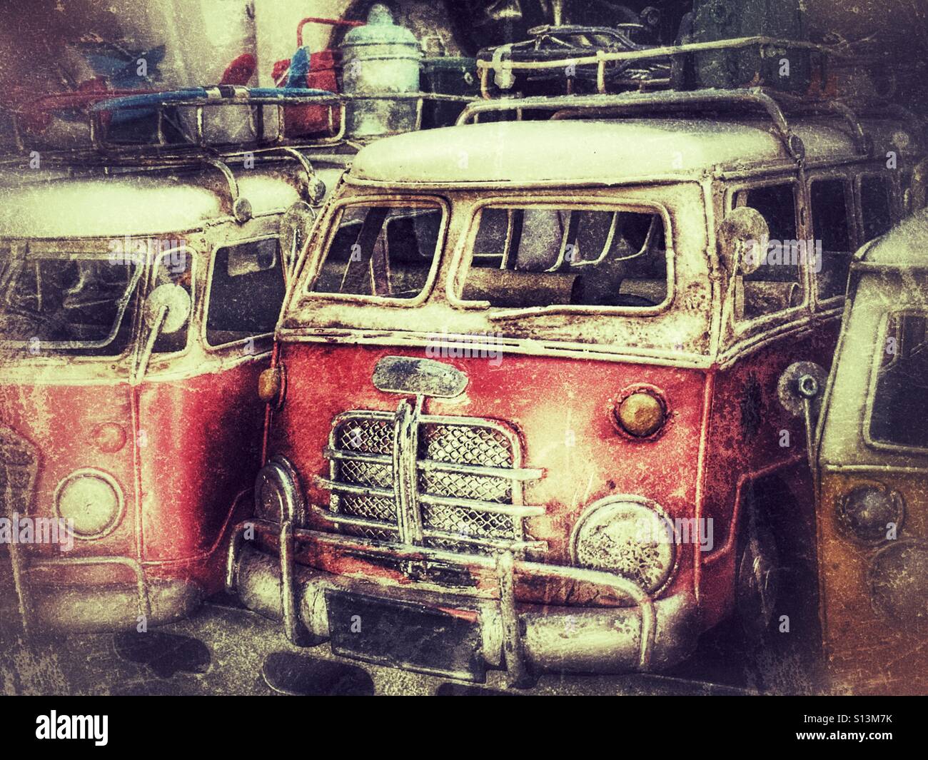 Camper van models on a market stall, Spain - Smartphone Captured Stock Image