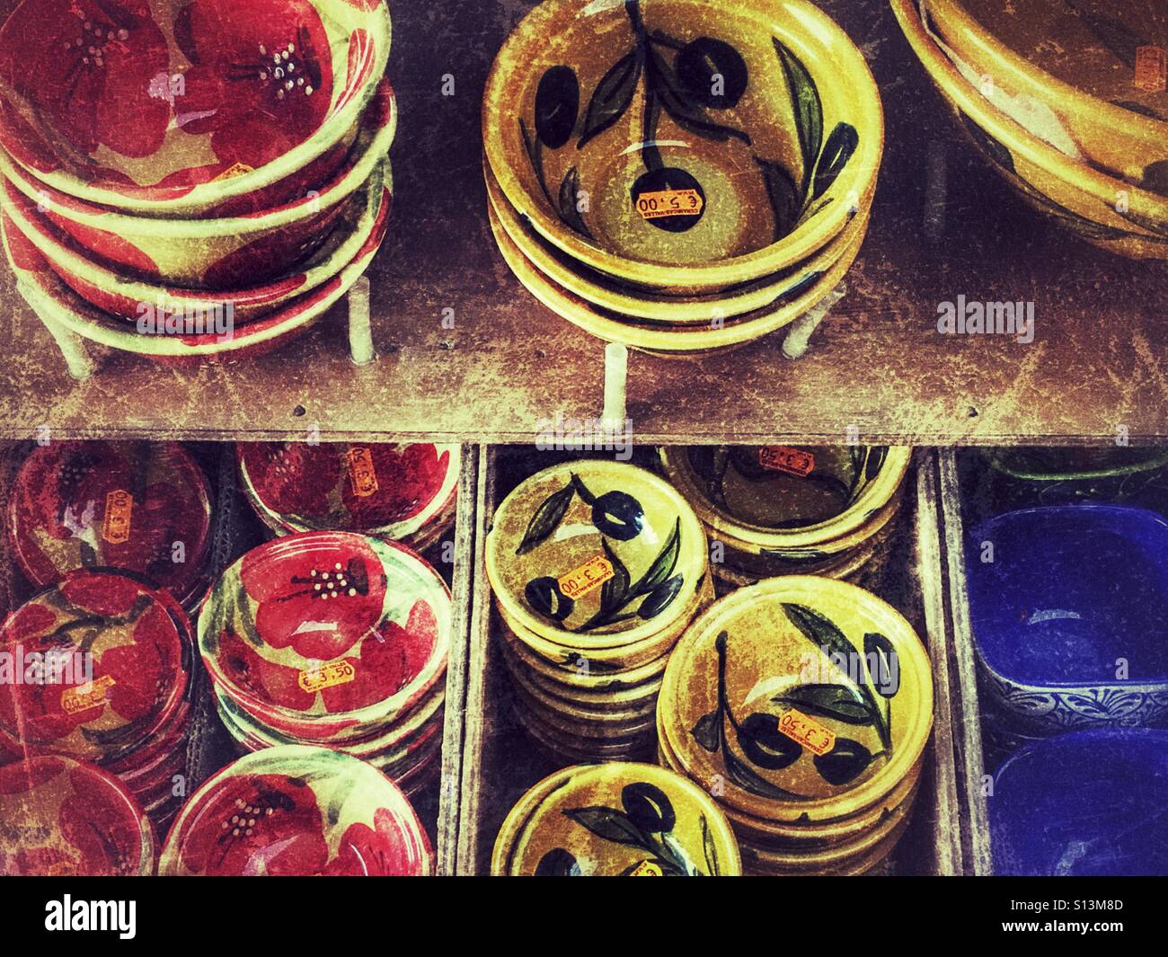 Spanish pottery bowls on a market stall Stock Photo