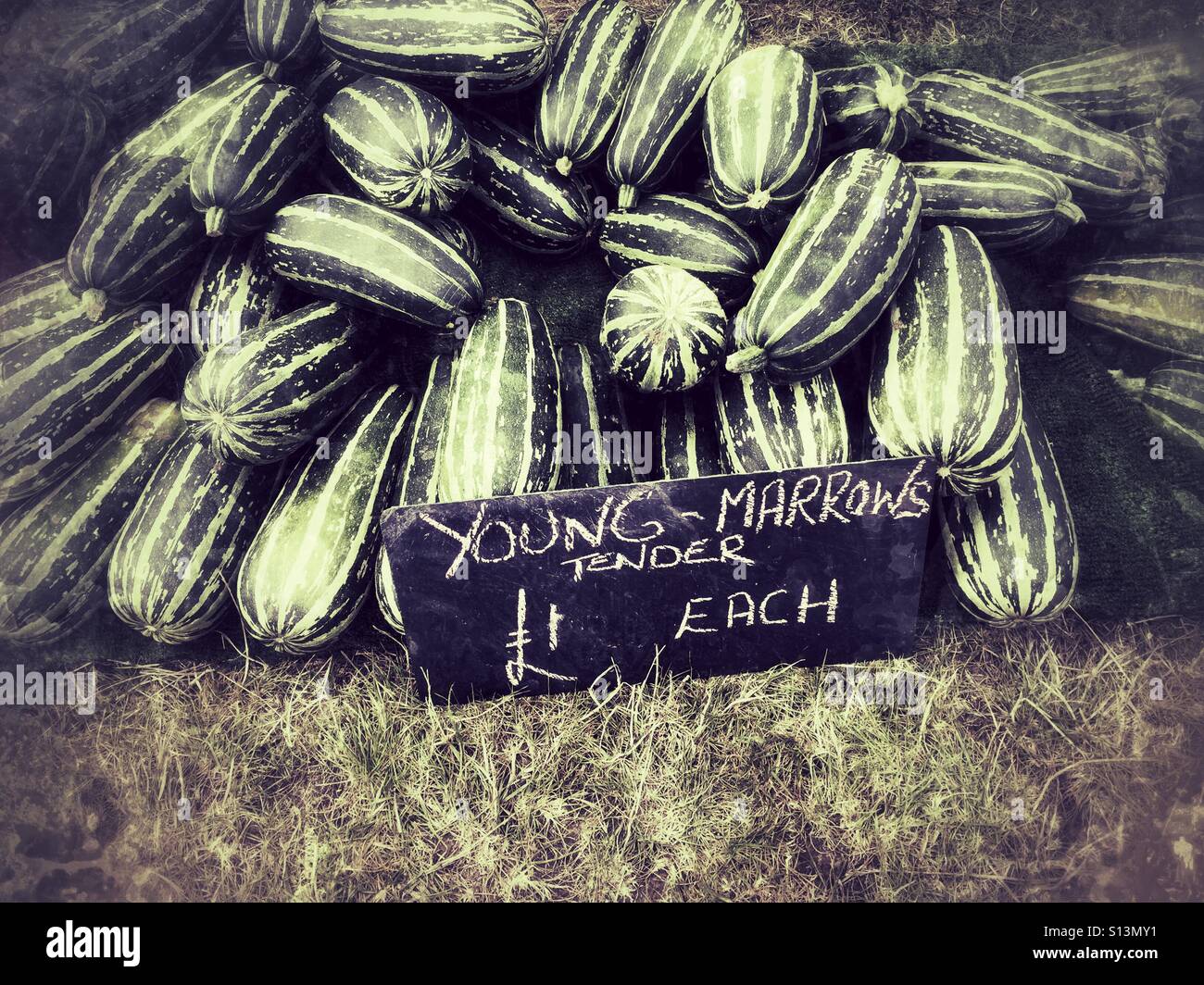A pile of marrows for sale with a grunge filter added. - Smartphone Captured Stock Image