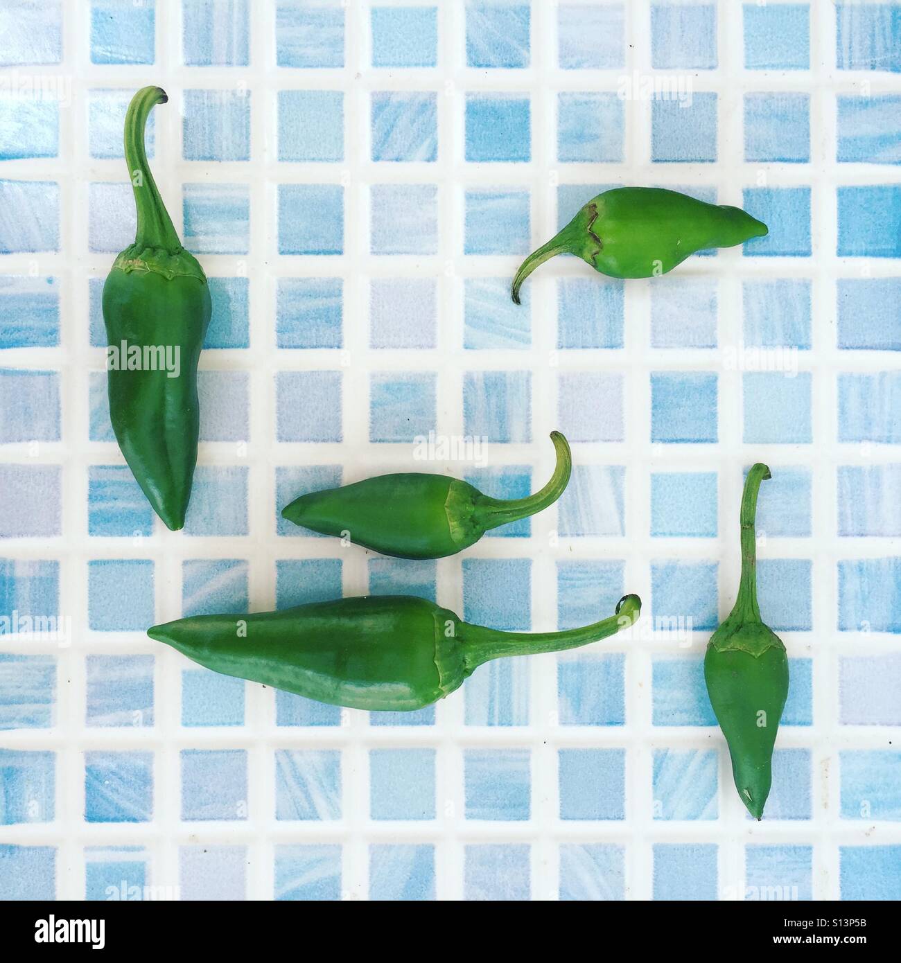 Still Life of Green Chili Peppers on Blue and White Table - Smartphone Captured Stock Image