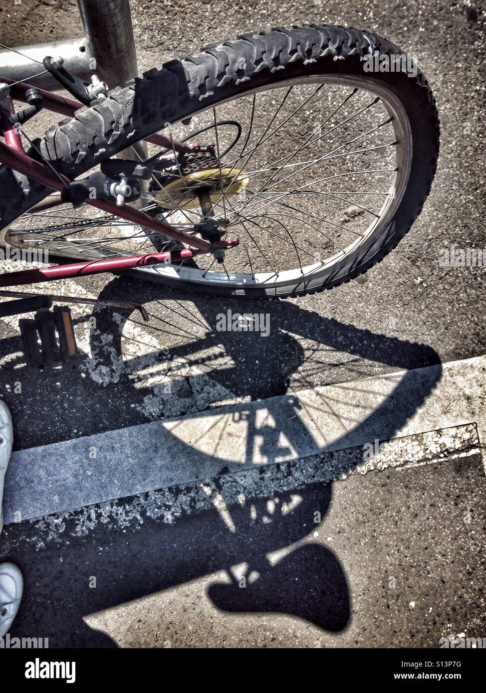 Damaged bicycle wheel on a sidewalk Stock Photo Alamy