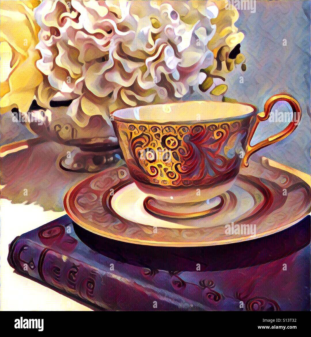 A digital painting of. Fancy tea cup on a saucer, atop a book and in front of a flower arrangement Stock Photo
