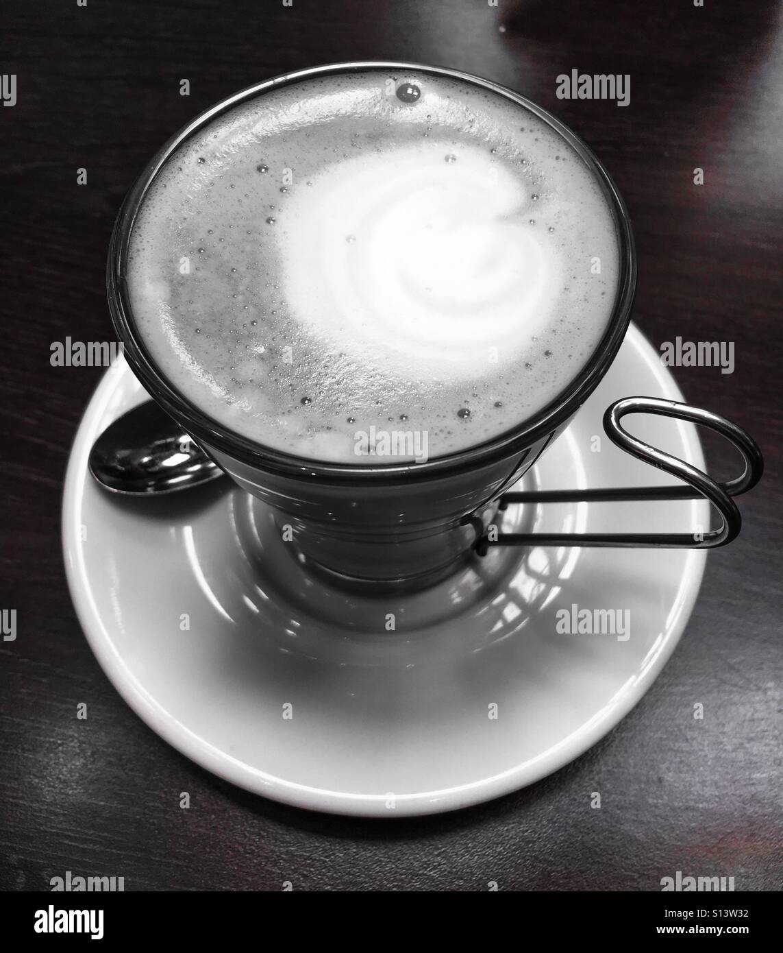 Black and white high angle view of latte - Smartphone Captured Stock Image