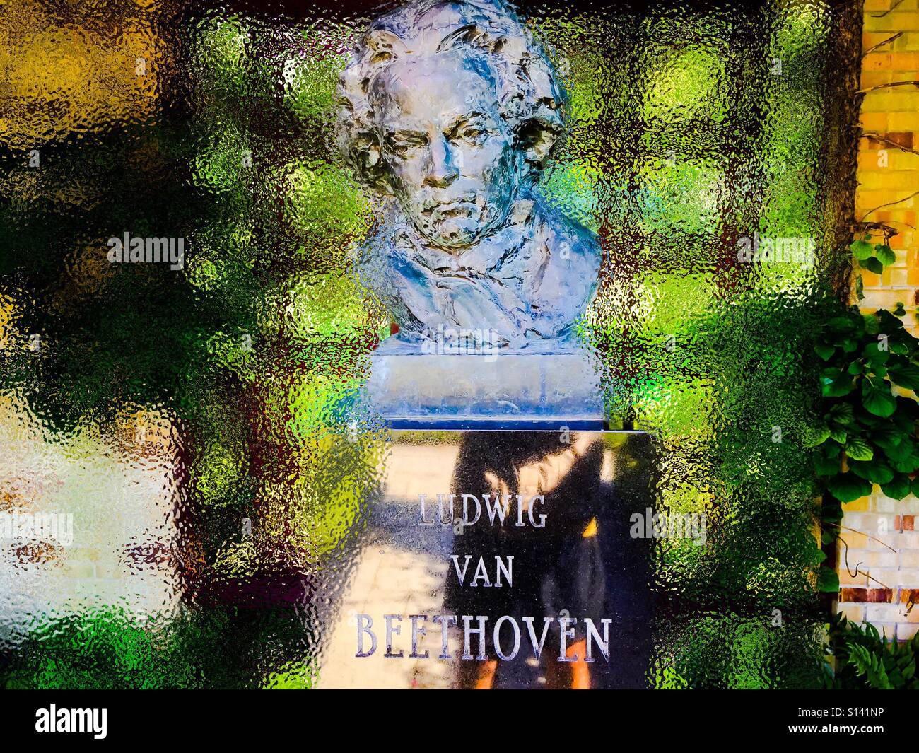 Beethoven in the park, Ontario, Canada. No geographic connection. Beethoven never came here, but his music is everywhere. Just a response to the universal appeal of his music. Stock Photo