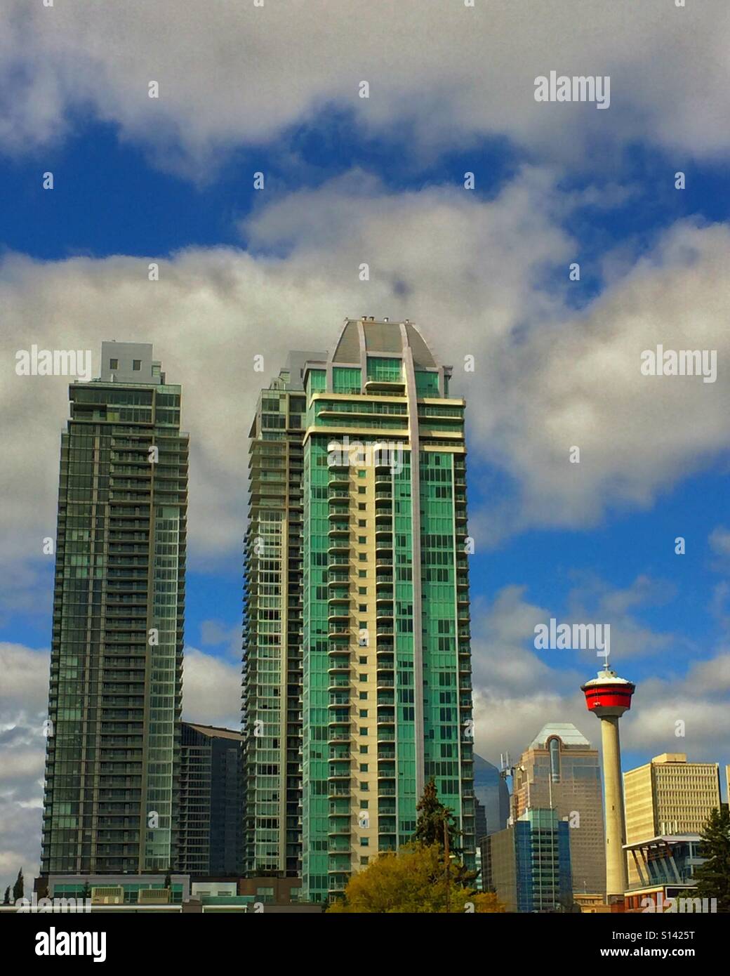 Condos, office buildings and the Calgary Tower in downtown Calgary - Smartphone Captured Stock Image