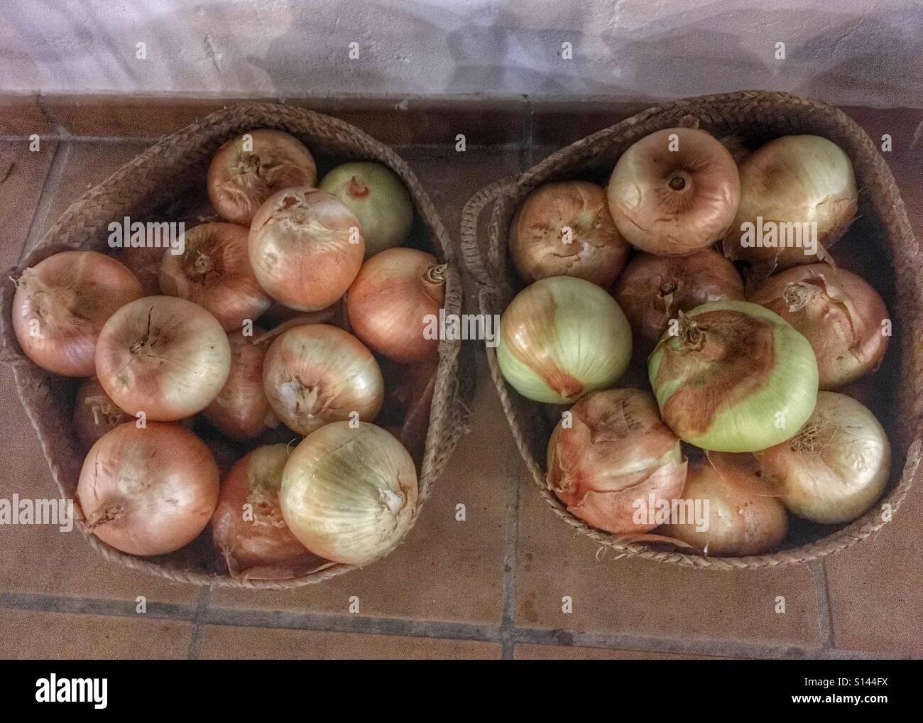 Baskets of organic, home grown onions - Smartphone Captured Stock Image