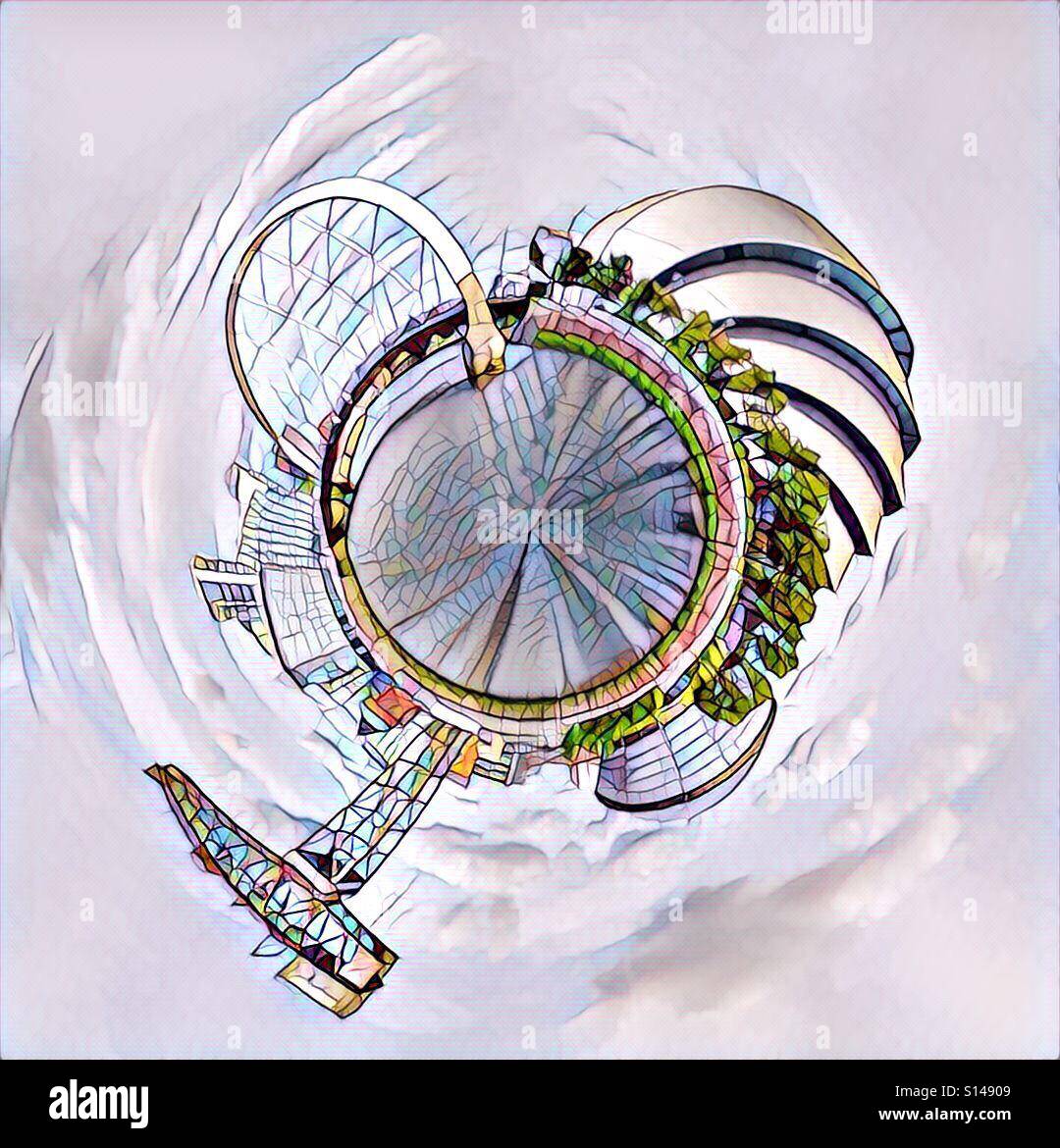 Prisma Mosaic conversion of original Little Planet image - SECC, Clyde Arc  Bridge, SECC and Hydro Arena, River Clyde, Glasgow, Scotland Stock Photo -  Alamy