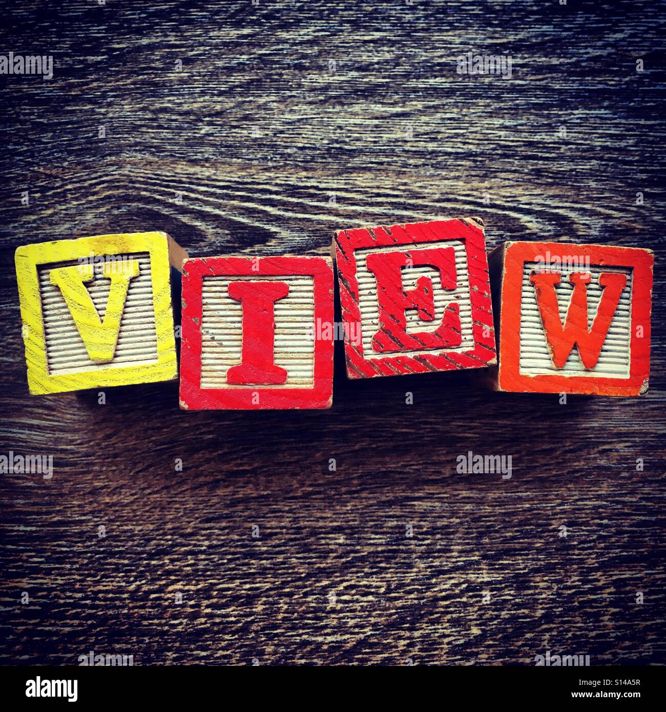 VIEW word written with wood block characters - Smartphone Captured Stock Image