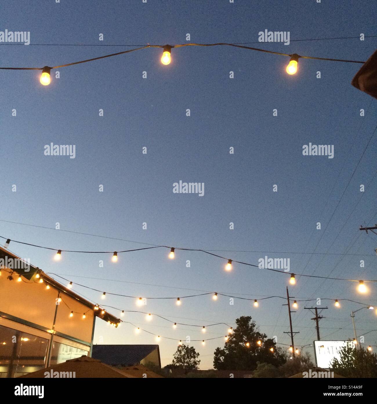 Patio lights in the evening. Stock Photo