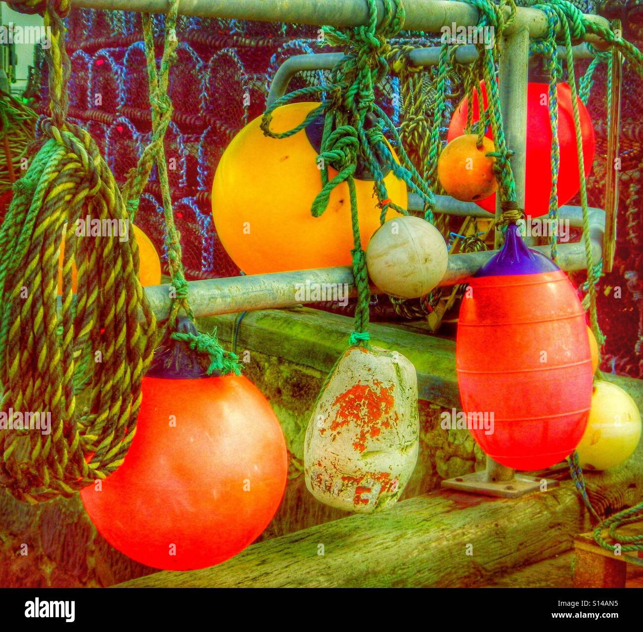 Colourful fishing floats, harbourside, Ayr, Scotland - Smartphone Captured Stock Image