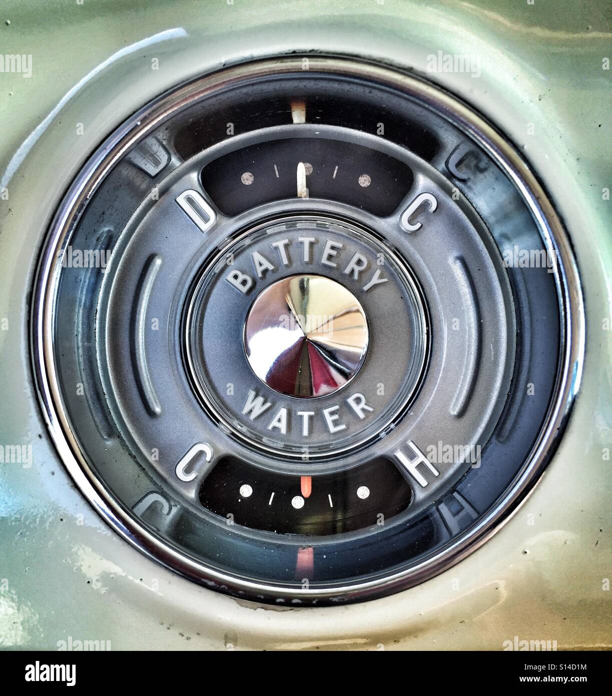 Dashboard gauge, battery and water dials in a classic car Stock Photo