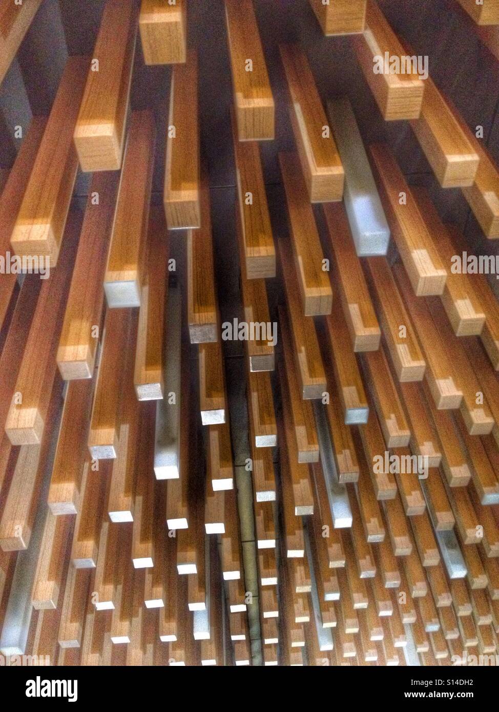 Wooden Blocks Hanging Downwards From The Ceiling, Epic Art Installation Matrix Stock Photo