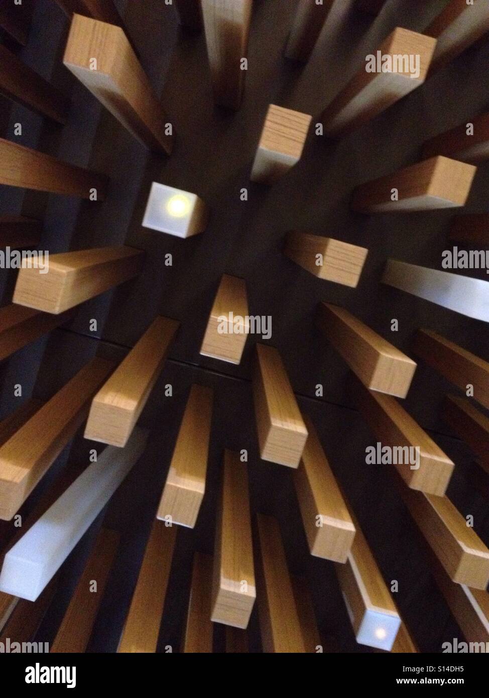 Wood Extrusions Hanging From Ceiling As Part Of Art Exhibit Installation, Amazing Wooden Block Matrix Stock Photo