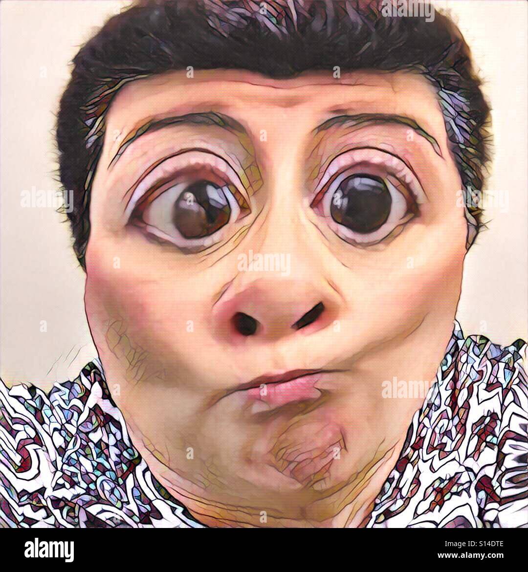 A comical digital portrait of a dark haired Caucasian woman with oversized large eyes making a funny face. Stock Photo