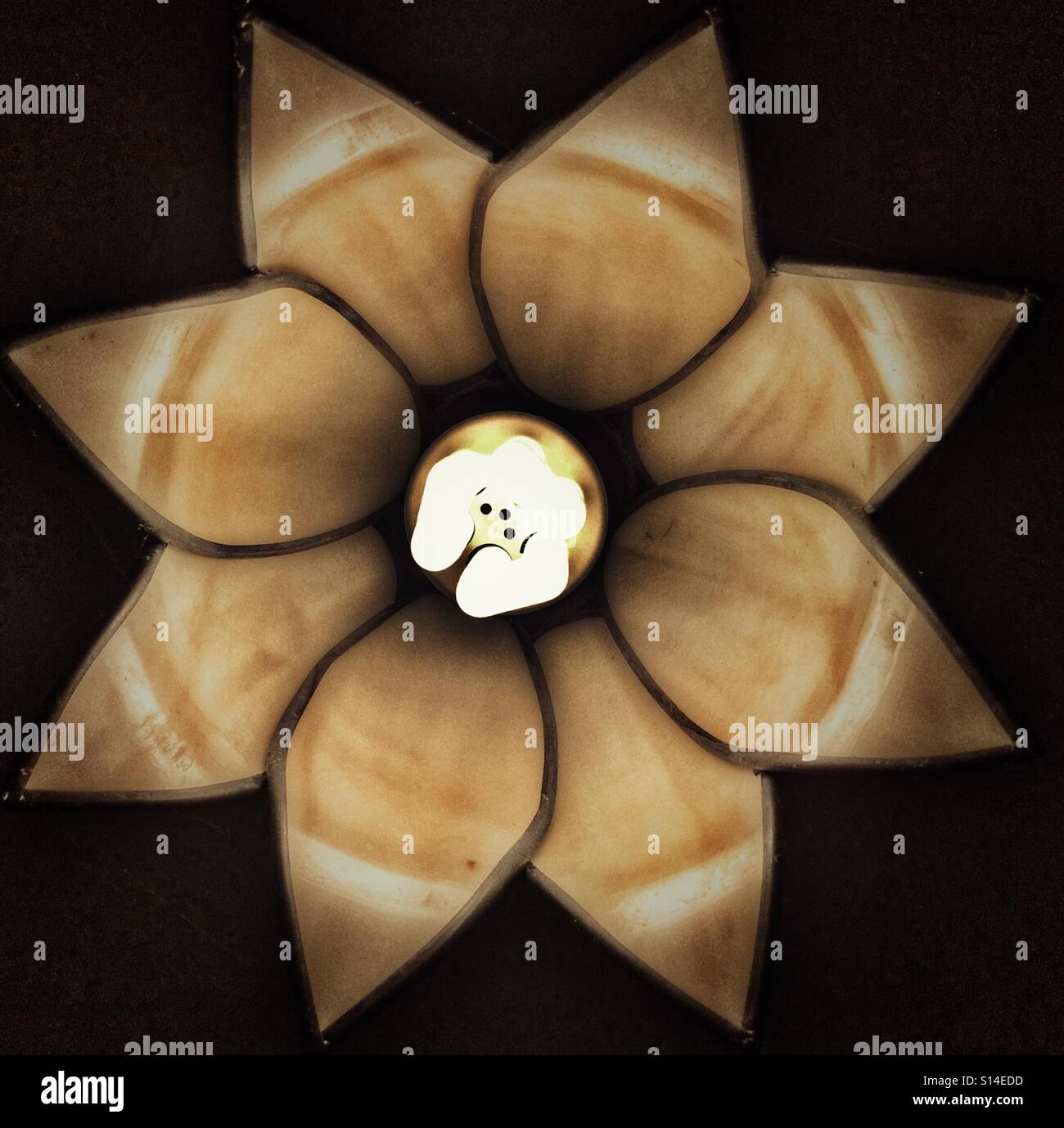 Energy saving lightbulb in a ceiling light with glass shade, from below. - Smartphone Captured Stock Image