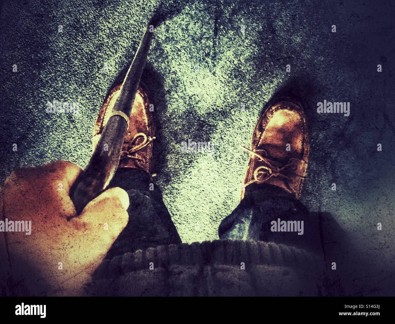 POV Pensioner standing, with walking stick. Looking to floor. - Smartphone Captured Stock Image