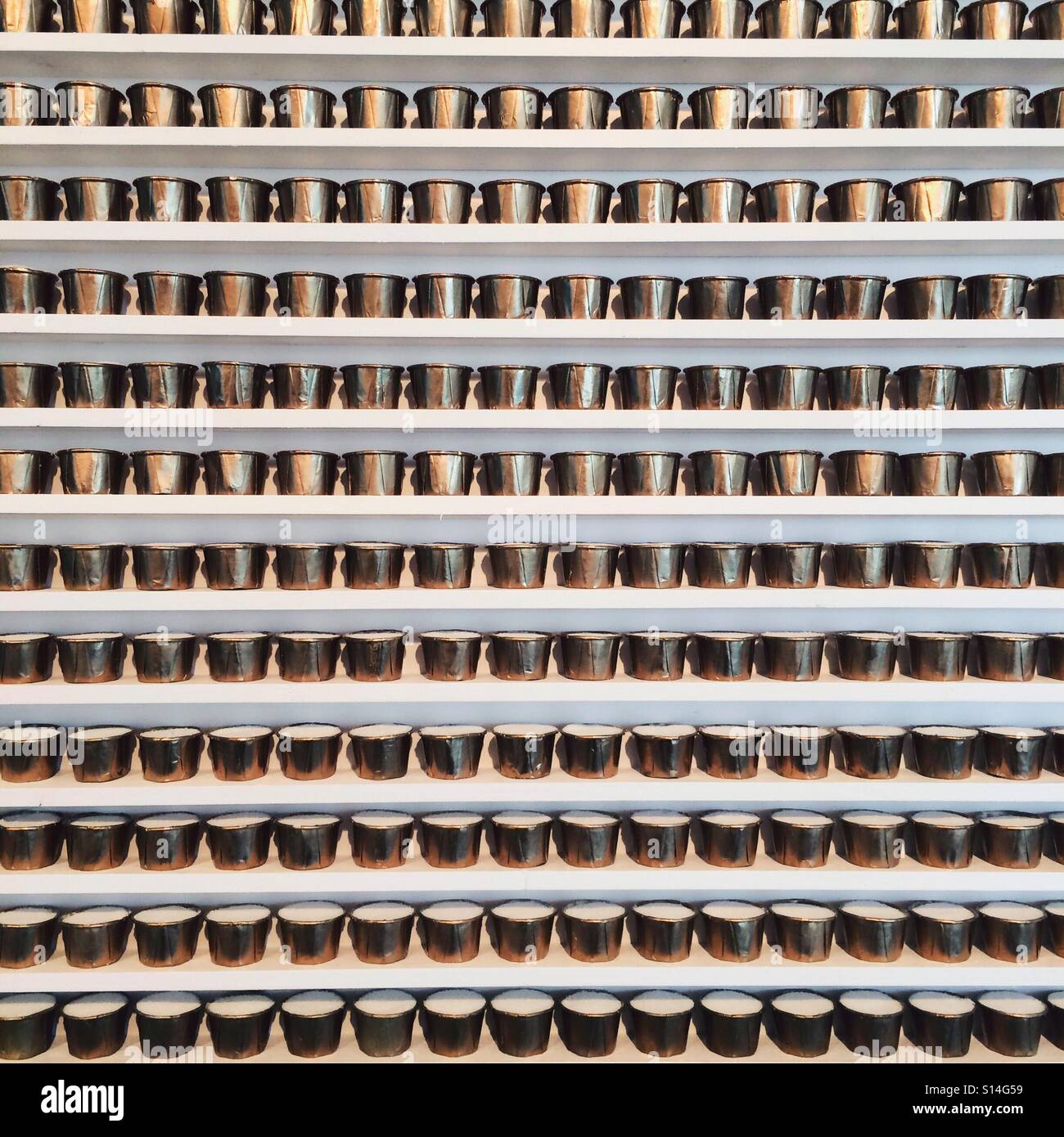 Kayleigh Baker's Born To Die artwork  of medicine pots containing sugar installed at the Turner Contemporary gallery in Margate England 2016 - Smartphone Captured Stock Image