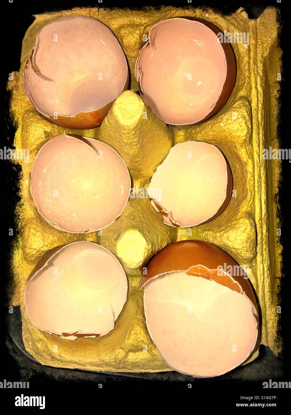 6 broken eggshells displayed in a yellow cardboard egg box Stock Photo