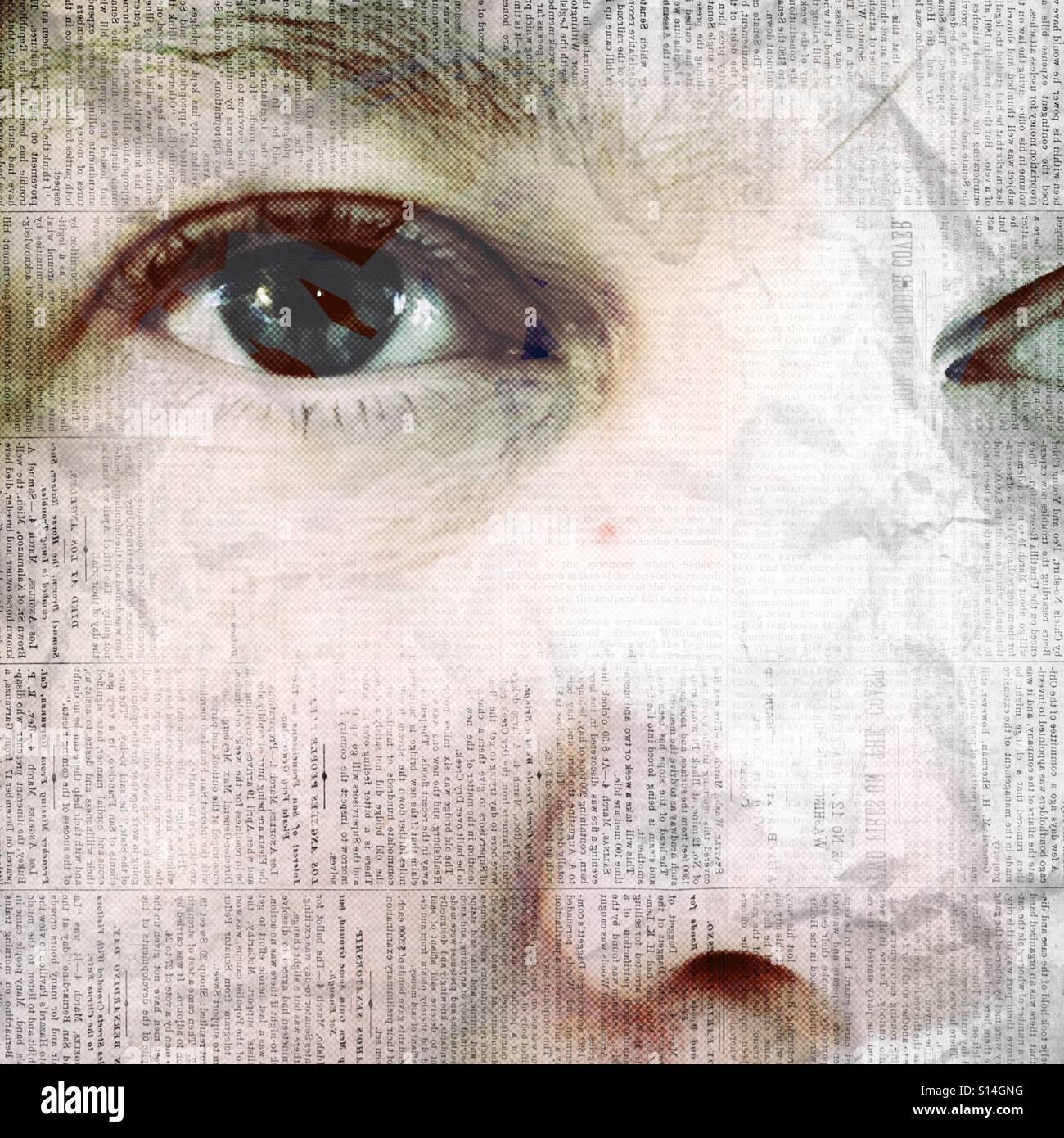 An eye looking into the distance.  A letterpress/newspaper themed filter from Hipstamatic was used. - Smartphone Captured Stock Image