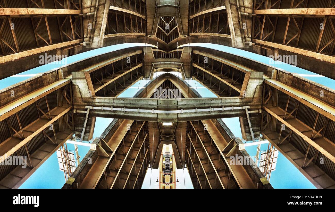 An abstract image of the underside of multiple highway bridges - Smartphone Captured Stock Image