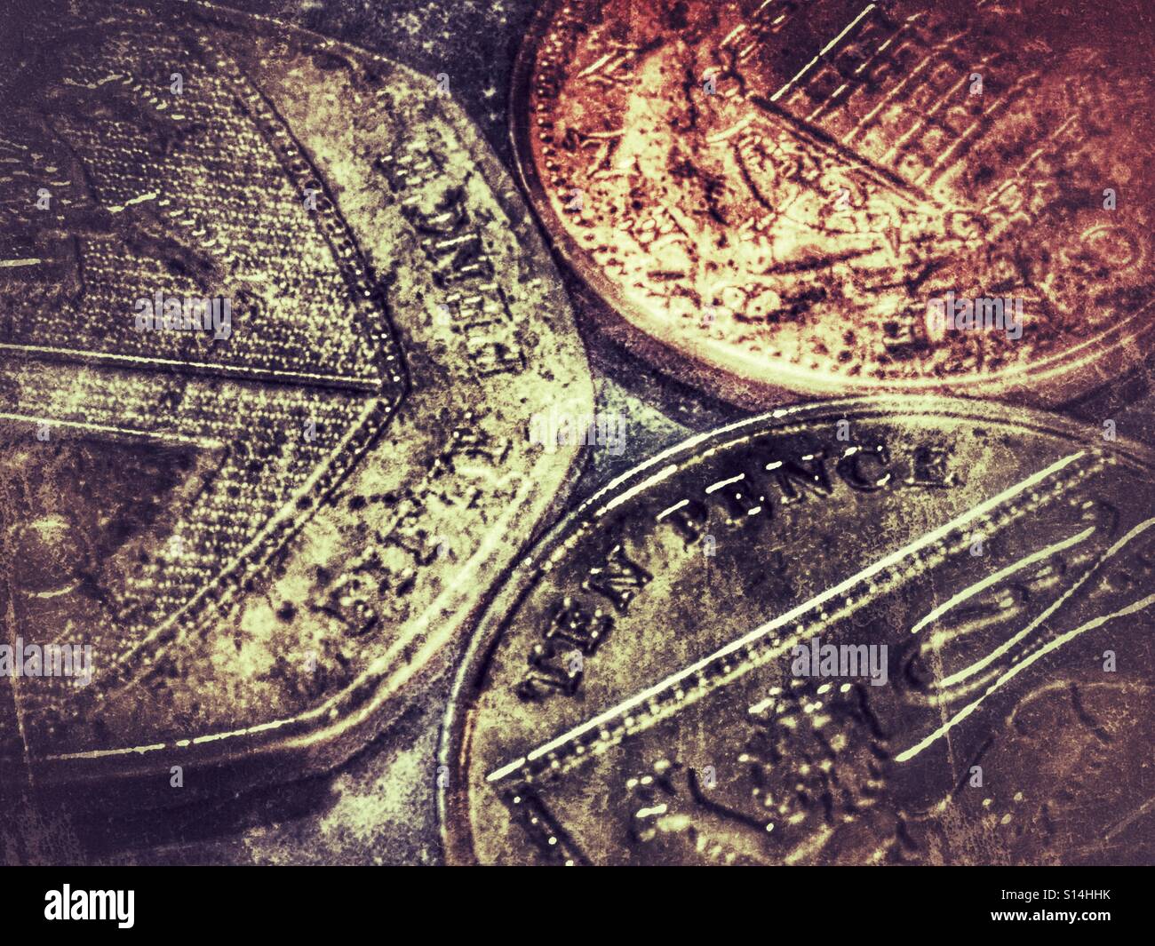 Three British coins, 50p , 10p and 1p - Smartphone Captured Stock Image