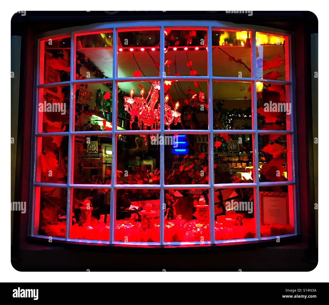 Colourful and attractive lighted window display, main colour, red Stock ...