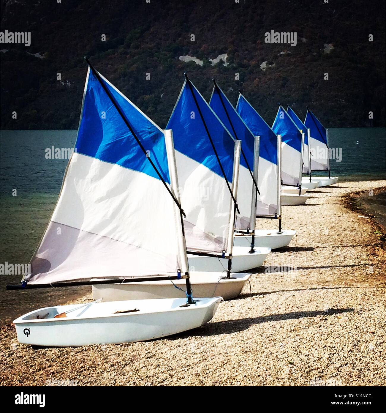 Small boats at lac du bourget sailing school in Aix Les bains, France