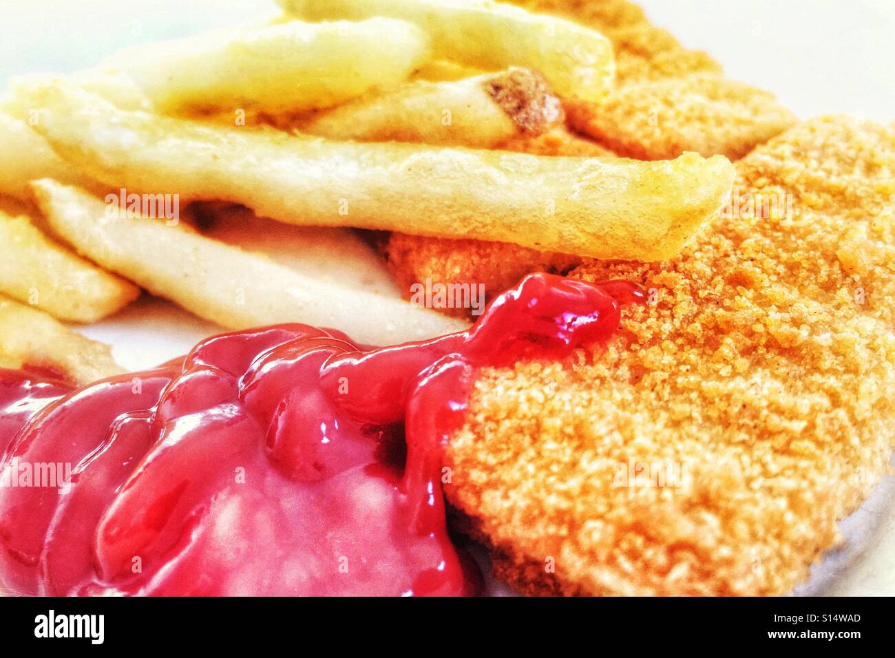 Fishfingers and chips with tomato ketchup - Smartphone Captured Stock Image