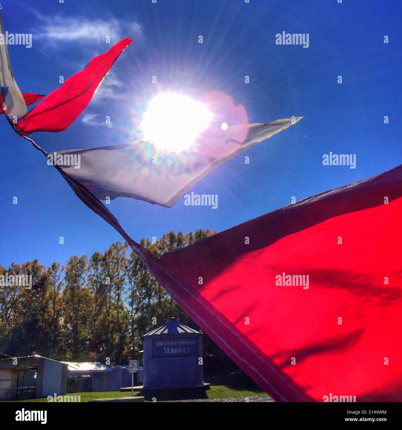 Pennants flying in the wind over an empty farmers market. - Smartphone Captured Stock Image Pennants flying in the wind over an empty farmers market. - Smartphone Captured Stock Image