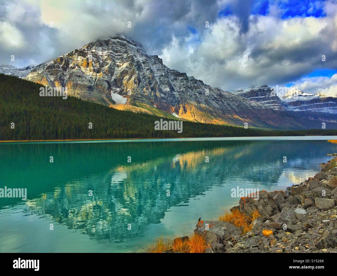 Cloudy day at Waterfowl Lake and the Canadian Rocky Mountains - Smartphone Captured Stock Image