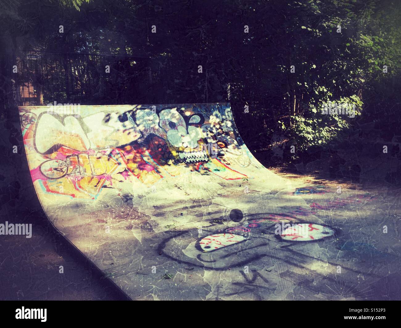 Skate board half pipe on Parkland walk near Finsbury Park,Islington, Hornsey, Crouch Hill, North London, UK - Smartphone Captured Stock Image