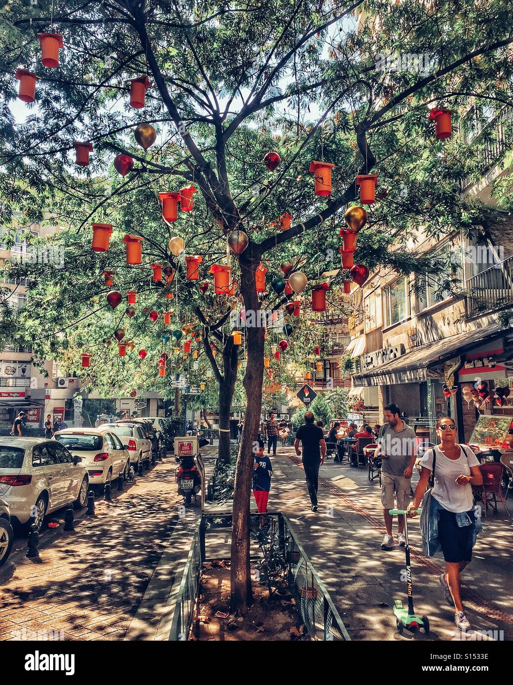 Orange lanterns hanging in a tree in Istanbul - Smartphone Captured Stock Image