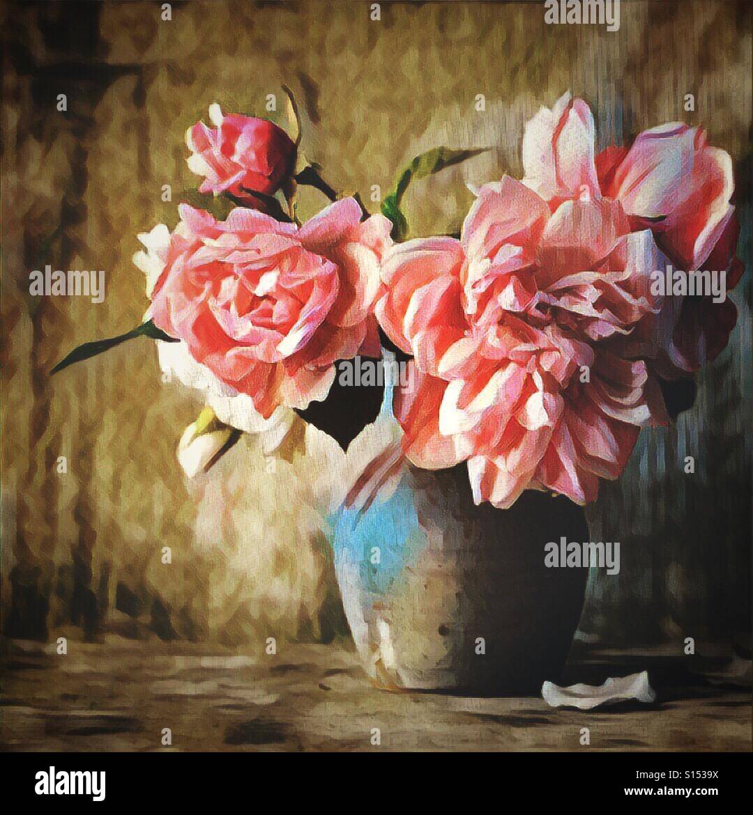 A digital painting of large pink flowers in a vase Stock Photo - Alamy