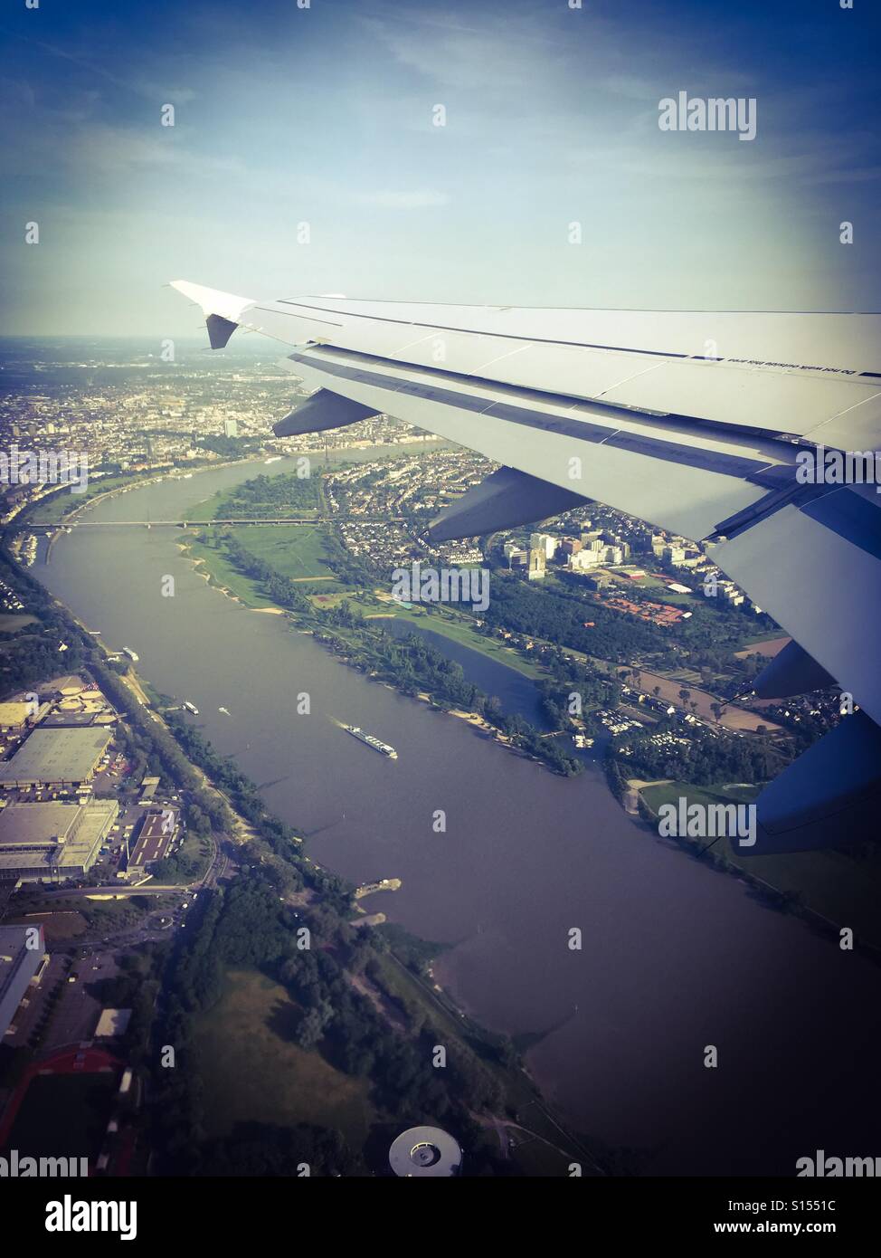 Rhein under the plane wing Stock Photo