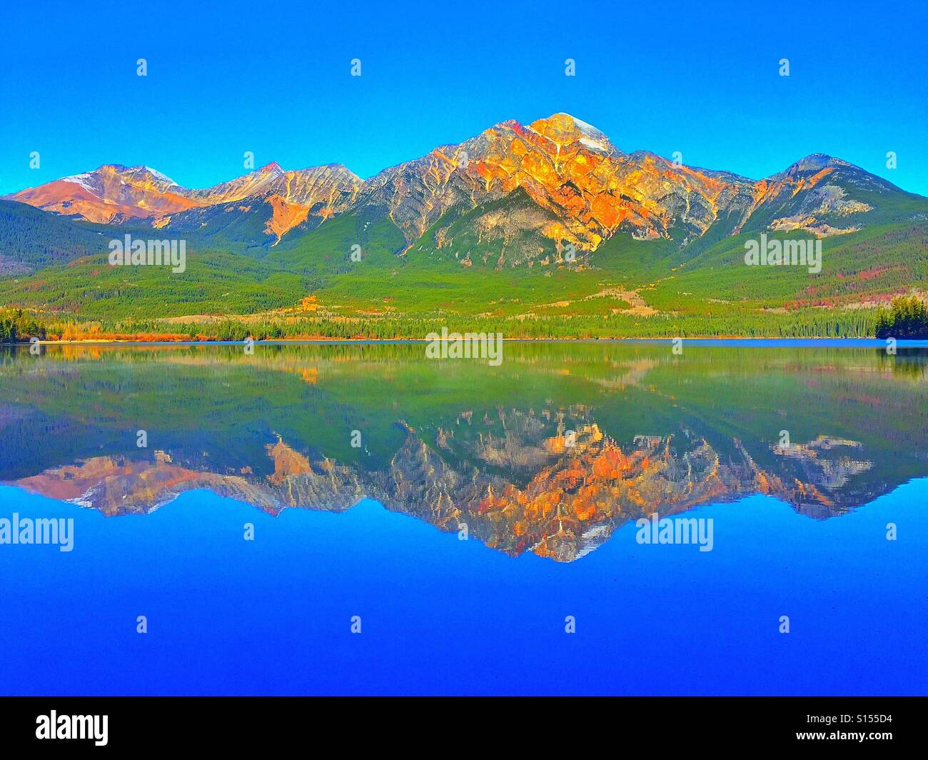 Pyramid Mountain and Pyramid Lake in Jasper National Park - Smartphone Captured Stock Image