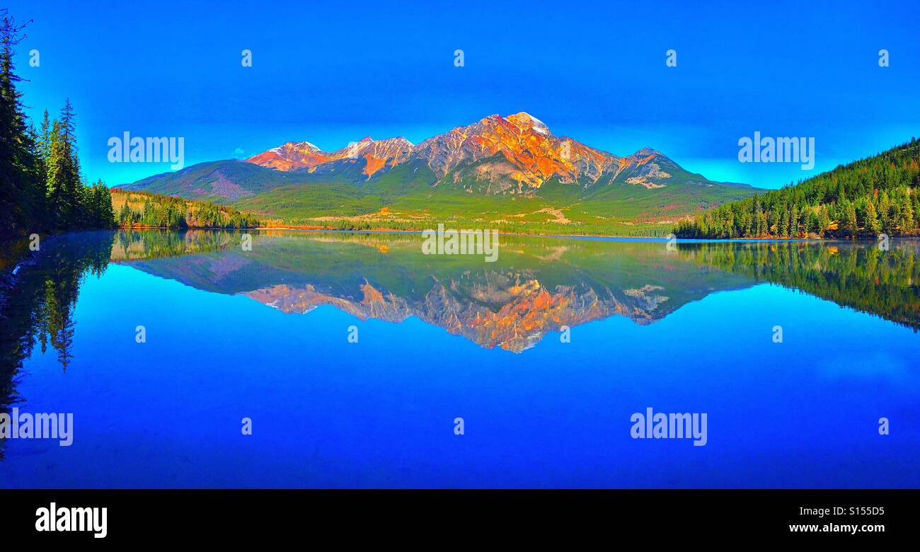 Pyramid Mountain and Pyramid Lake in Jasper National Park - Smartphone Captured Stock Image