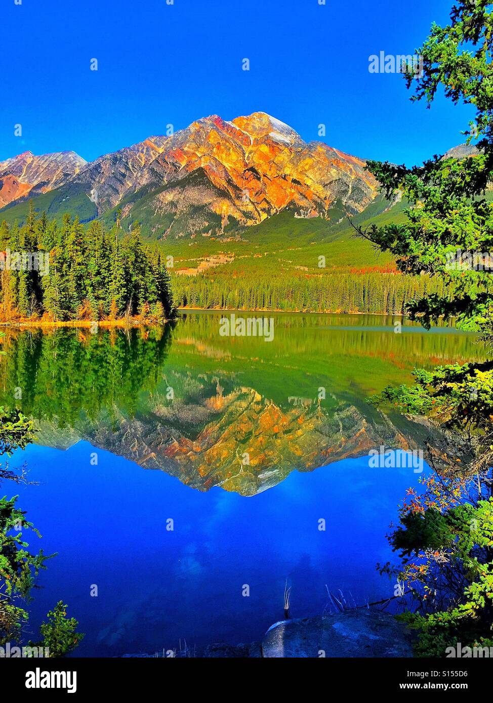 Pyramid Mountain and Pyramid Lake in Jasper National Park - Smartphone Captured Stock Image