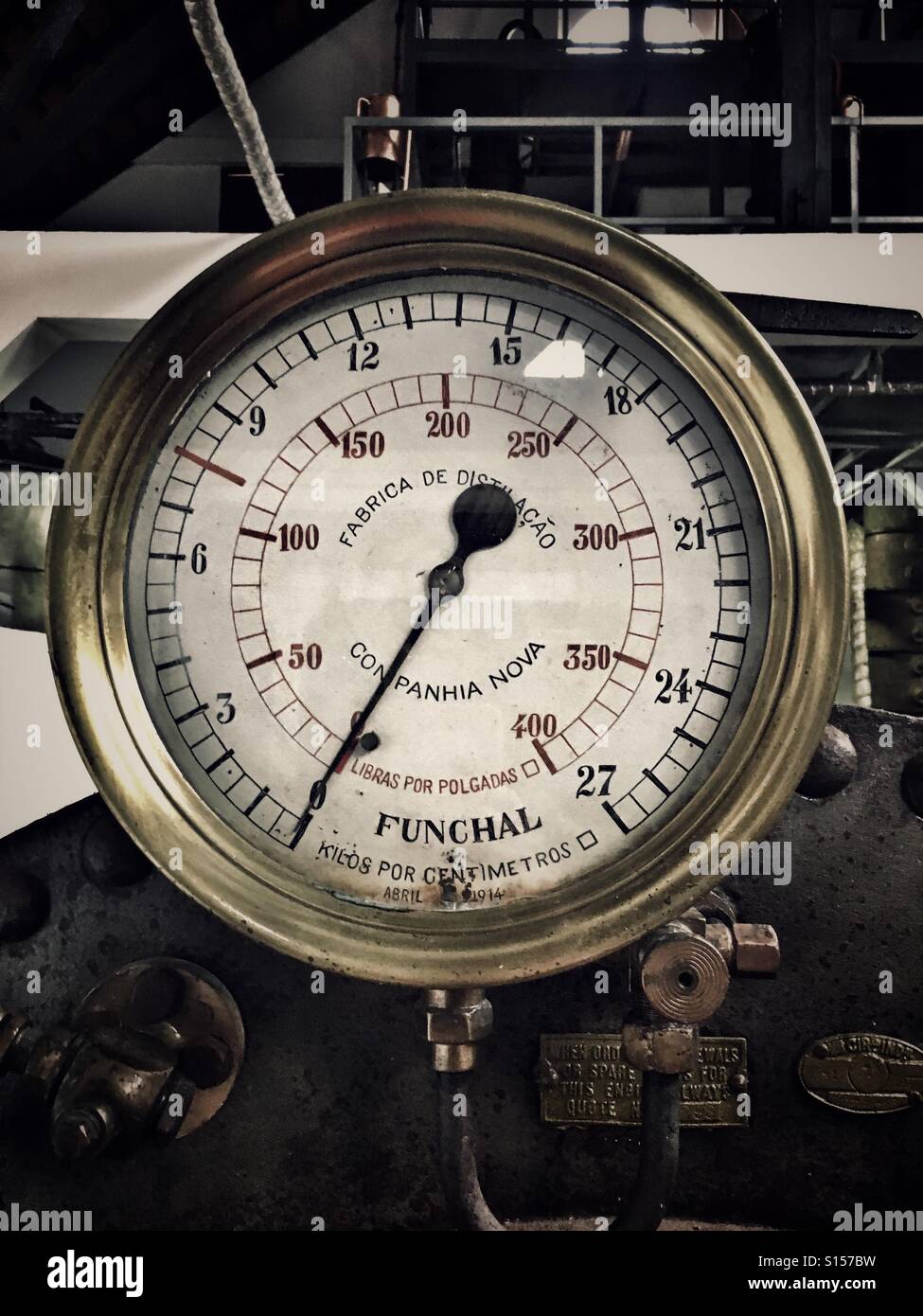 Pressure gauge in rum factory, Porto do Cruz, Madeira - Smartphone Captured Stock Image