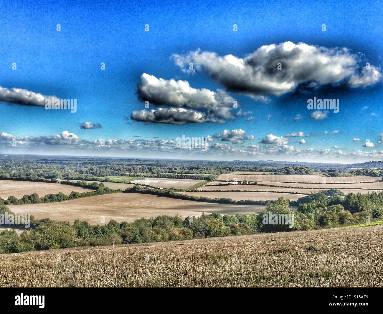 Autumn fields from the North Wessex Downs on a fine autumn day - Smartphone Captured Stock Image