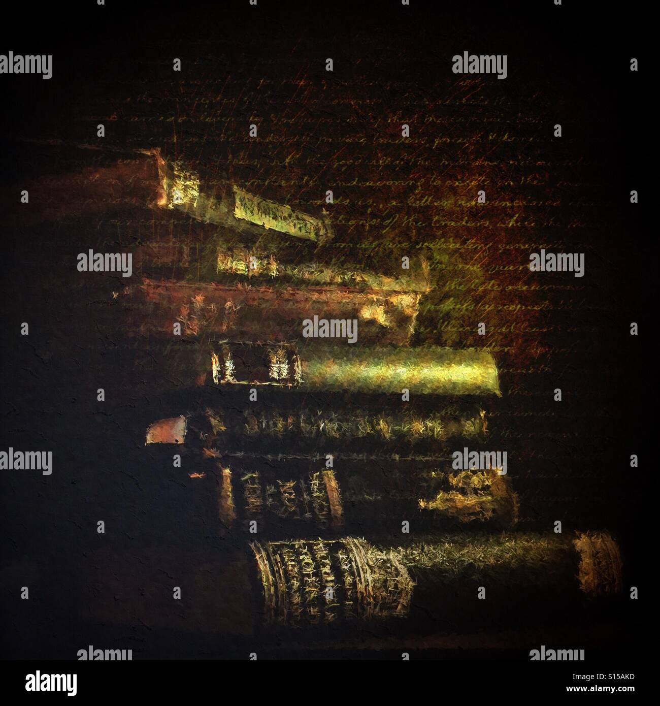 A digital painting of a stack of old vintage books against a dark black background on which handwriting is superimposed - Smartphone Captured Stock Image
