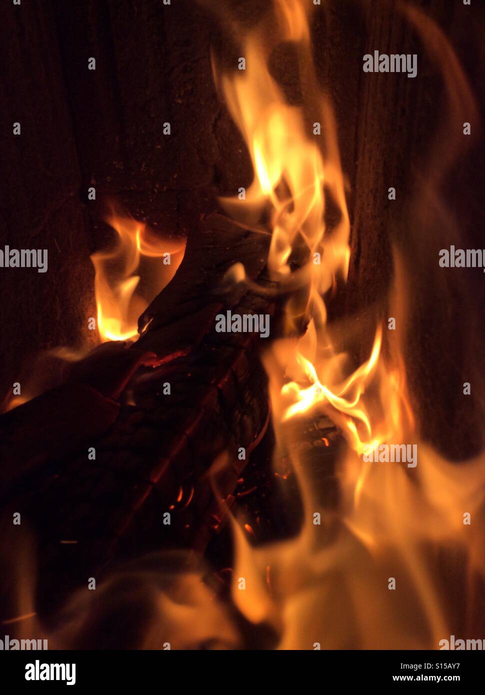 Close-up of flames in an open fire place Stock Photo