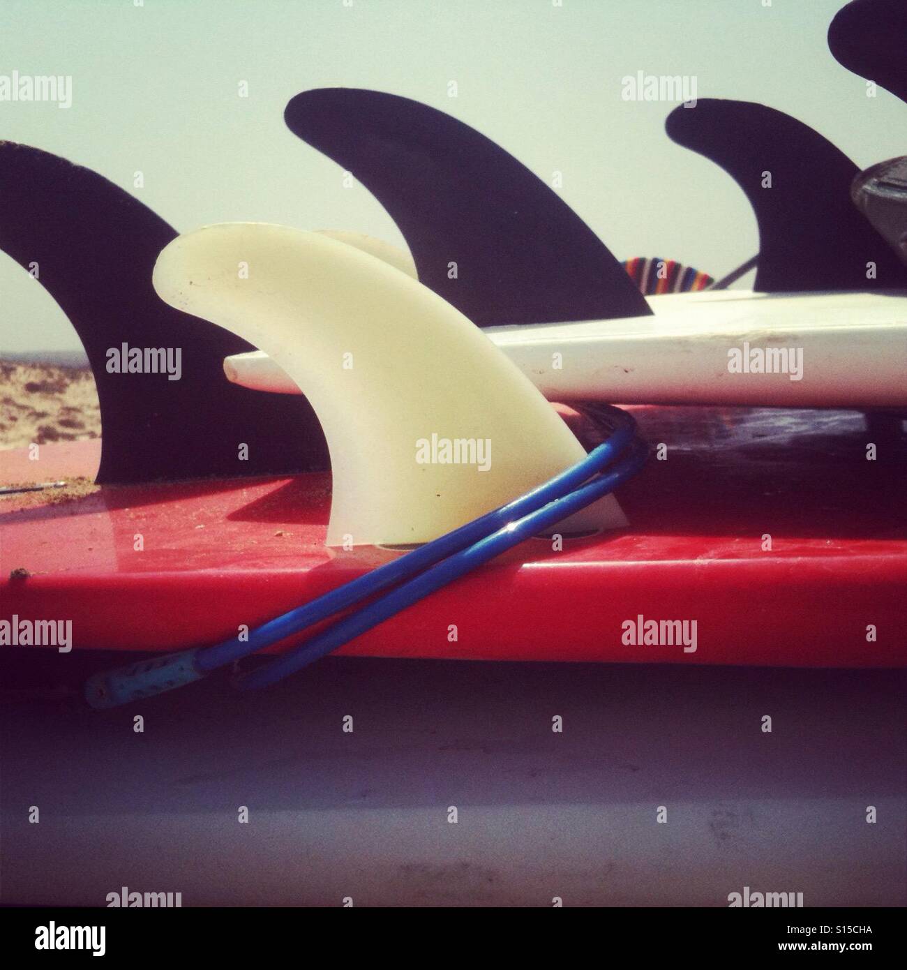 surfboards on car rack, fins Stock Photo Alamy