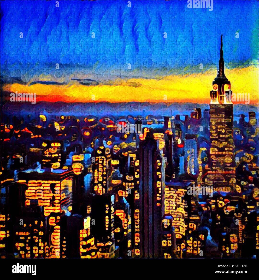 A colorful oil painting of the New York city skyline at sunset ...