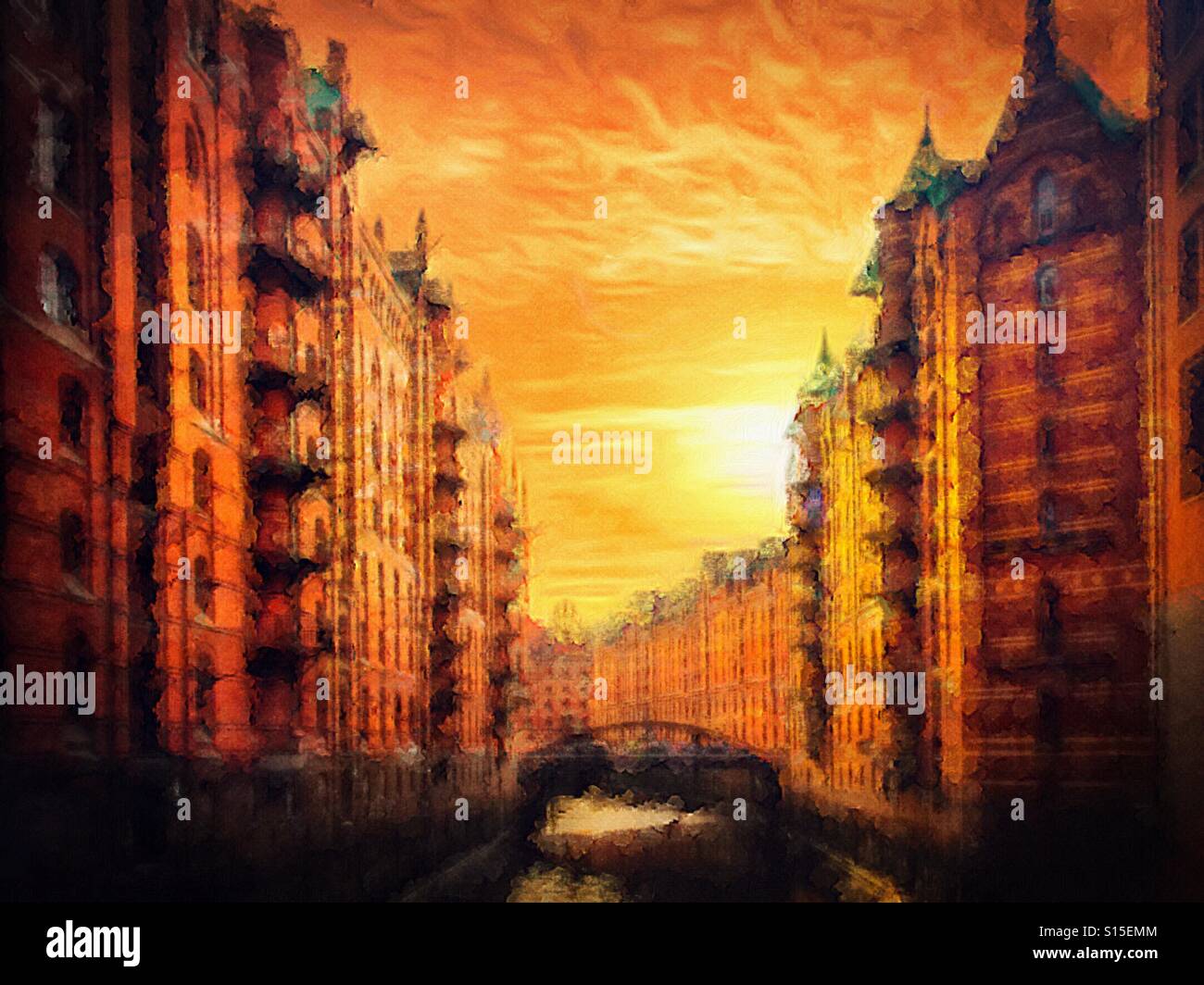 A digital painting of a blazing orange sunset over a canal - Smartphone Captured Stock Image
