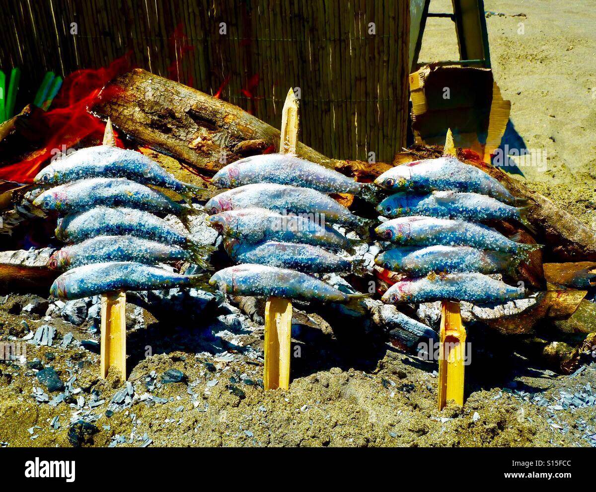 Sardines cooking on BBQ in Spain Stock Photo Alamy